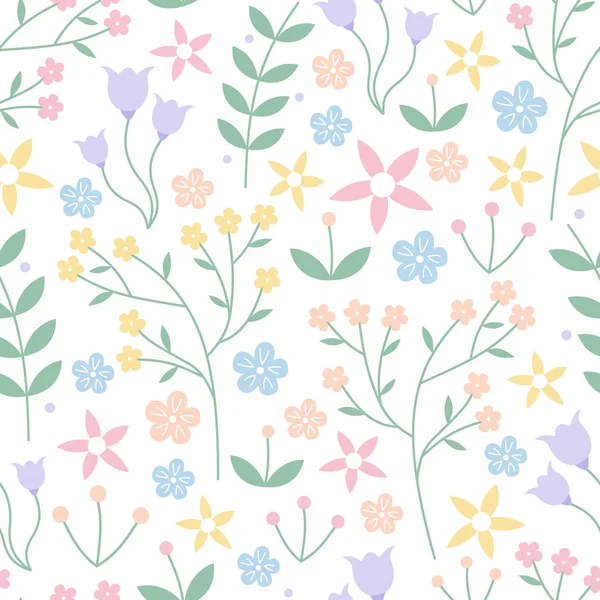 Vector Seamless Pattern Mixed Flowers Laurels Leaves Pastel Pink Yellow — Stock Vector