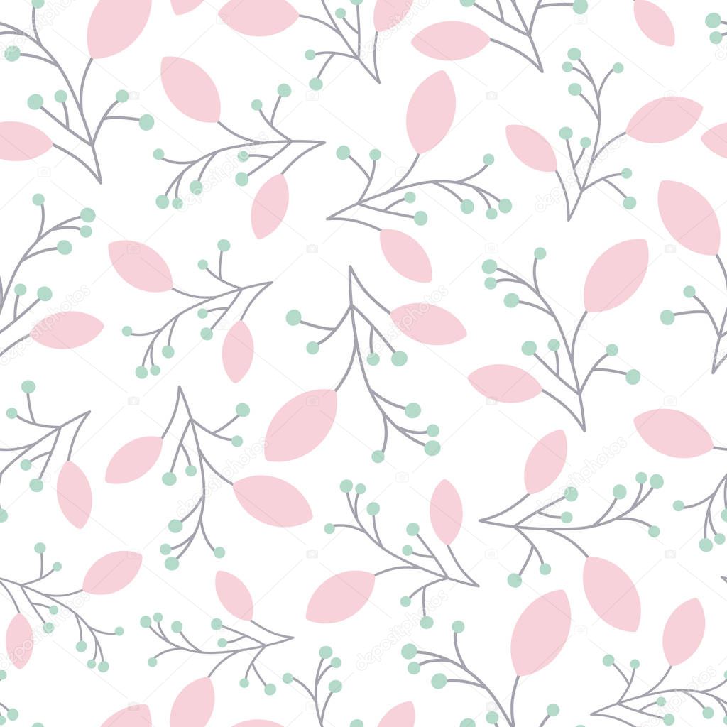 Vector seamless pattern of large pink leaves on pale grey stems with mint green berries on a white background. Great for baby item fabric and home decor.