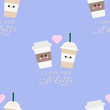 Vektör seamless modeli ile ben şirin kawaii kahve featuring bir latte teklif pastel mor arka plan üzerinde modern hat ile su bardağı seviyorum. Yatak odası dekorasyonu, hediye paketi, için büyük defter kapakları.