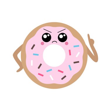 Sevimli bir kızgın yüz ve serpinti ile bir sassy kawaii donut Vektör illüstrasyon. Sevimli konsept sanat.