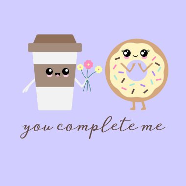 Sevimli mutlu bir yüz ve serpinti ve çiçek bir demet tutan sevimli bir kahve fincanı ile bir kawaii donut Vektör illüstrasyon. Sevimli konsept sanat.