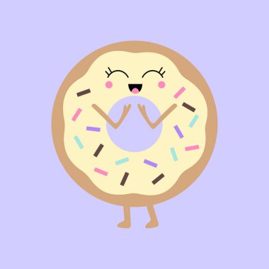 Kirpikli sevimli mutlu bir yüz ile bir kawaii donut Vektör illüstrasyon. Sevimli konsept sanat.