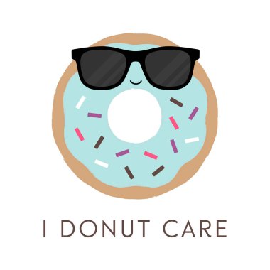 Mutlu bir yüz ve güneş gözlüğü ile bir kawaii donut Vektör illüstrasyon. Ben Donut Care. Eğlenceli gıda konsepti.