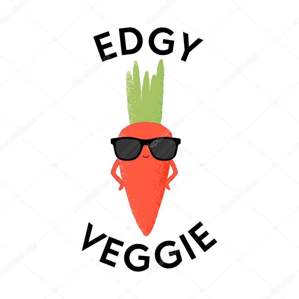 Vector illustration of a carrot character wearing sunglasses with the funny pun 'Edgy Veggie'. Cheeky T-Shirt design concept.