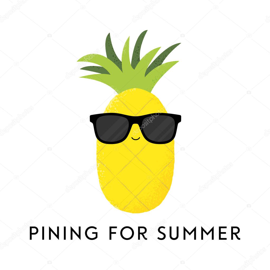 Vector illustration of a cute pineapple wearing sunglasses. Pining for summer. Funny food concept.