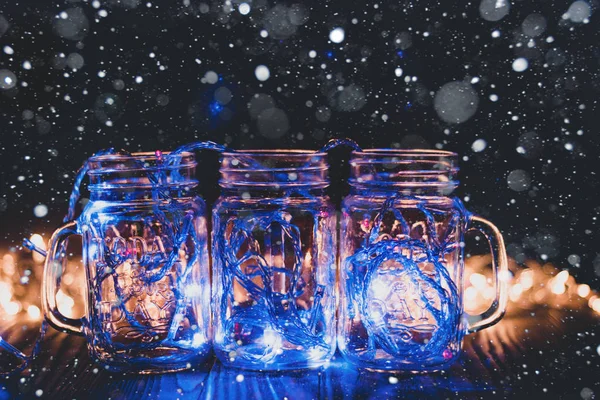 Luces Colores Frascos Vidrio Transparente Nieve Luces Navidad Habitación — Foto de Stock