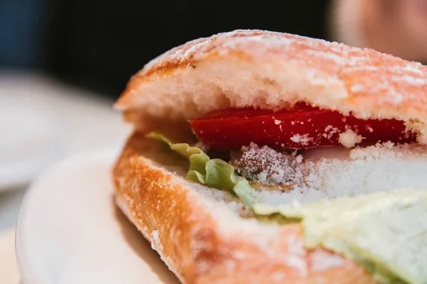 Sandwich Subacuático Fresco Con Pollo Queso Tomates Ensalada Plato — Foto de Stock