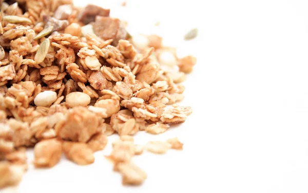 Crujiente muesli seco Desayuno aislado sobre fondo blanco enfoque selectivo, vista superior — Foto de Stock