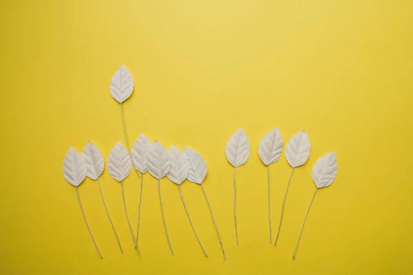 Flatlay da semplici foglie di carta bianca su sfondo giallo, concetto autunnale — Foto Stock