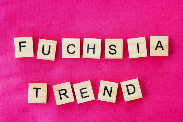 As palavras tendência fúcsia é escrito em letras cúbicas em um fundo têxtil cor-de-rosa brilhante, foco seletivo — Fotografia de Stock