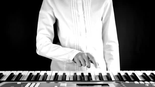 Hands Schoolgirl White Shirt Playing Piano Keys Selective Focus — Stock Video