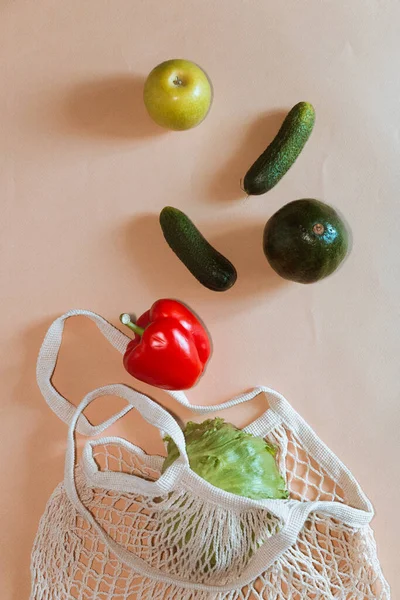 Eco Friendly Cotton Shopper Reusable Mesh Shopping Bag Vegetables Light — Stock Photo, Image