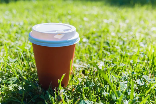 Red paper Cup with lid with coffee on green grass. Selective focus.