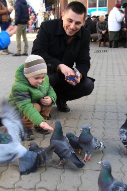 Güvercinler 2018 çocuklar ana kare ile besleme