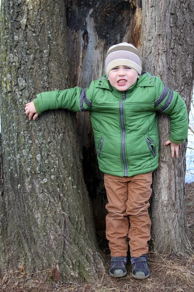 Um menino junto a uma árvore em um parque no fundo de um lago — Fotografia de Stock