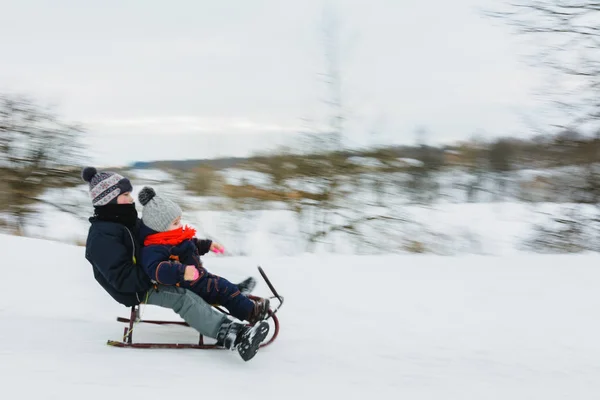 Small Boy Sledding Winter Time Motion Blur 2019 — Stock Photo, Image