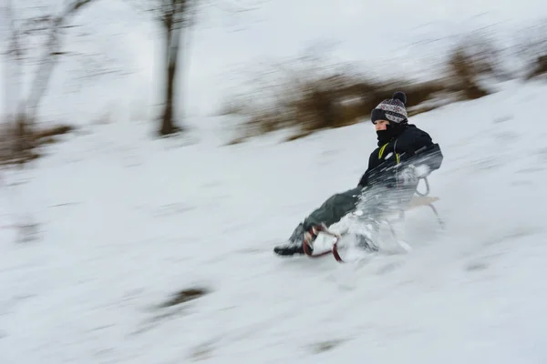 Boy Descends Hills Sled Movement Blurred 2019 — Stock Photo, Image