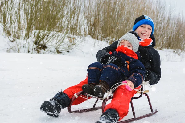 Junge Und Mädchen Fahren Auf Schlitten 2019 — Stockfoto