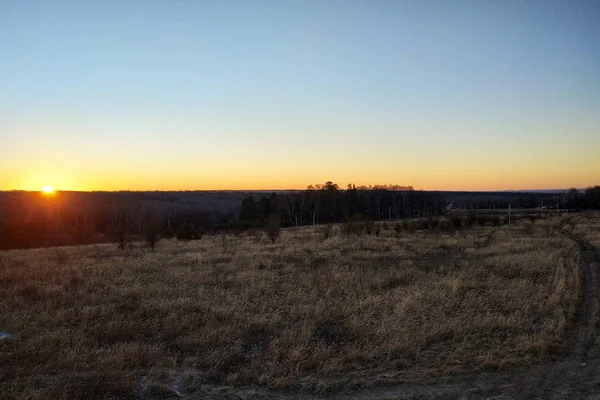 Ciel Bleu Horizon Coucher Soleil Champ Automne 2019 — Photo