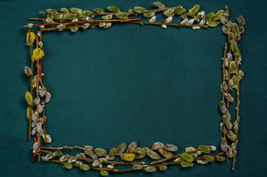 Söğüt dallarını içeren bir kare Paskalya tatili, doku 2019 karanlık bir arka plan üzerinde ayarlanır