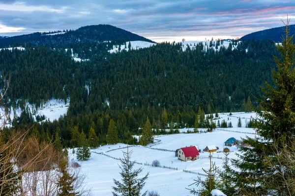 Amazing landscape of the Ukrainian mountain village in the Carpathians in the winter at dawn