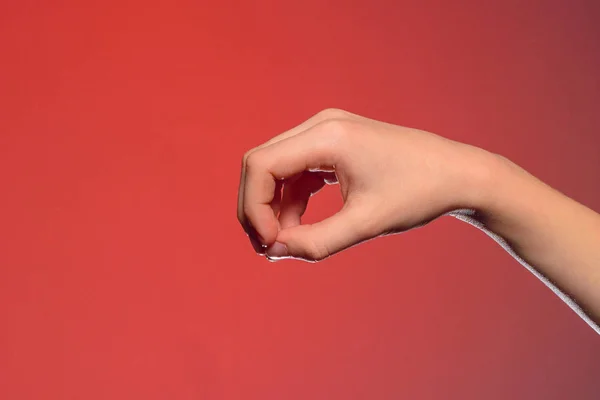 Mano humana, doblada para tomar un poco pequeña, aislada sobre un fondo rojo — Foto de Stock