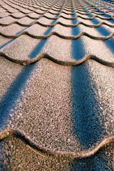 Groene tegel frosty's ochtends op het dak van het huis — Stockfoto