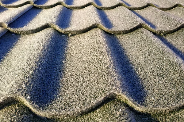 在屋顶上的绿色瓷砖寒冷的早晨 — 图库照片