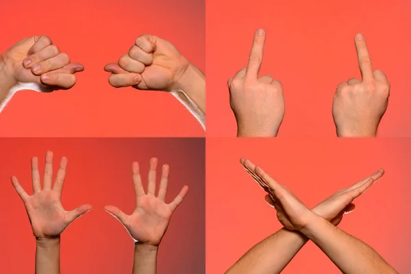 Male hand gestures and signs collection isolated over red background. Set of multiple pictures. Part of series