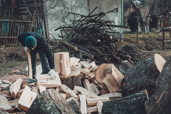 Um homem forte colhe lenha para o inverno no quintal da casa cortando a árvore de grama grande e resistente — Fotografia de Stock