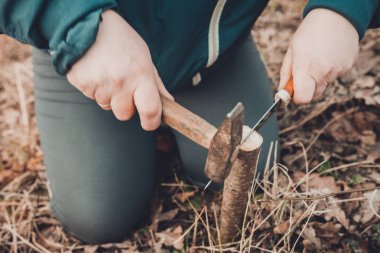 Kadın, aşısı için yeni kesilmiş genç ağaçta bıçak ve çekiçle bir çatlak açıyor.