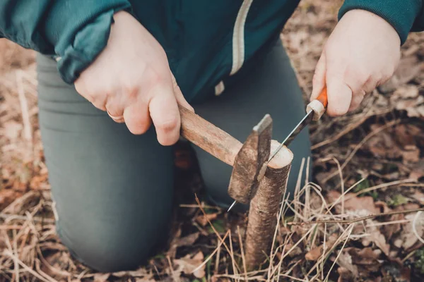 Жінка робить тріщину в нещодавно вирізаному молодому дереві для його вакцинації ножем і молотком — стокове фото