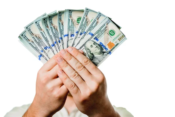 Bir adam parayı bir hayranın elinde tutuyor, beyaz bir arka planda dolar yakın çekim.. — Stok fotoğraf