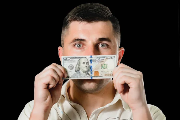閉じた百ドルとの訴訟で男性ビジネスマンは、口、お金のためサイレントを請求します。腐敗と汚職のコンセプト. — ストック写真