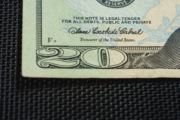 Abd parasının kapatılması 20 dolarlık banknotlar, Abd'nin 20 dolarlık banknot parçası makro. — Stok fotoğraf