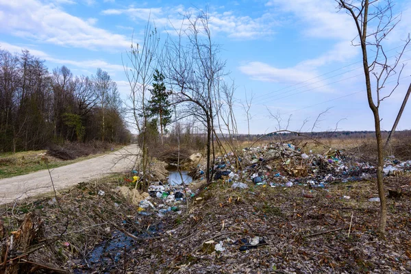 Les déchets sont dispersés par les gens à travers les bois et les réservoirs, le désastre écologique de la planète, la destruction de la nature et de la faune . — Photo