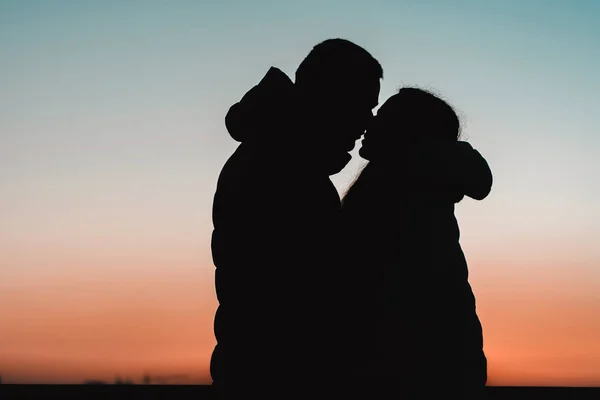 Silhouette di una bella coppia sullo sfondo del lago e cielo serale nel parco . — Foto Stock