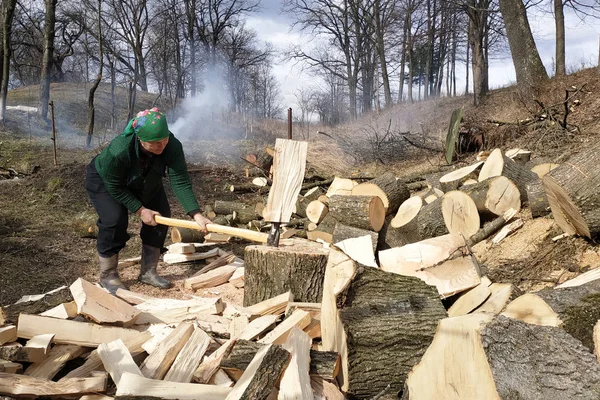 Kış için odun kesen yaşlı bir kadın, aynı zamanda evin yakınındaki bahçesini de kaldırır, ilkbaharın başlarında sokakta..
