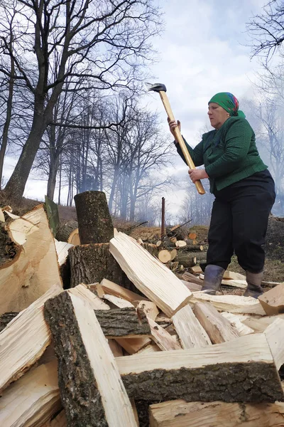 Uma mulher idosa rasga madeira com um machado, ele prepara lenha para o inverno . — Fotografia de Stock