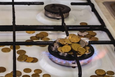 paraları bir arka plan üzerinde mavi alev yakıcı bir gaz Doğalgaz Sobası.