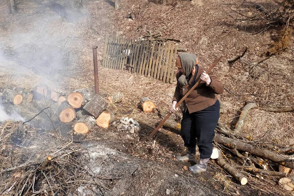 Літня жінка очищає двір біля свого будинку після вирубки деревини на дровах . — стокове фото
