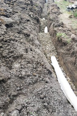 İşçiler evin etrafında su drenaj için drenaj işleri yürütmek.