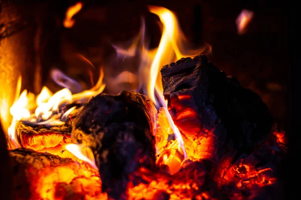 The firewood burns in the furnace, the fire is brightly red. — Stock Photo, Image