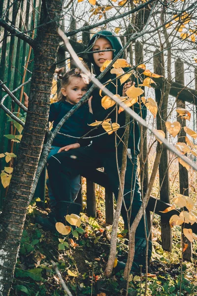 Niños jugando juegos cerca de valla en el jardín, campo de niños . —  Fotos de Stock