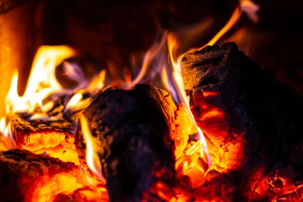 The firewood burns in the furnace, the fire is brightly red. — Stock Photo, Image