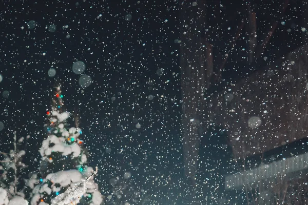 Nieve viene del cielo en la noche de Navidad y duerme los árboles de Navidad —  Fotos de Stock