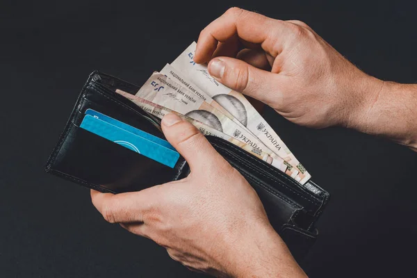 Closeup Hands Man Wallet Pulls Out 500 Hryvnia Banknote 2020 — Stock Photo, Image