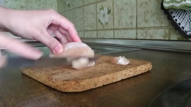 Молода жінка нарізає куряче філе на кухні кухонним ножем. Готуємо м'ясні страви в домашніх умовах . — стокове відео