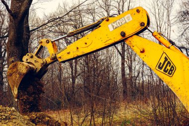 Trostyanets, Ukrayna 20 Aralık 2019: Kazıcı gölet ormanında toprak kazıyor. 2020