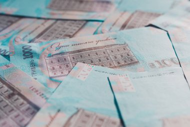 Ukrayna 'nın yüz değeri 1000 Hryvnianın yüzey değeri, tersten 1000 Hryvnia notasının dokusu. 2021